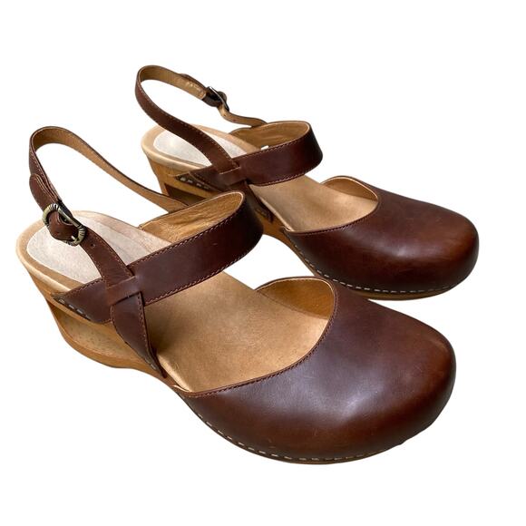 Dansko Taci Brown Leather Mary Jane Wedge Clogs EU 41 US 11 Cottage Boho Neutral - Picture 13 of 15